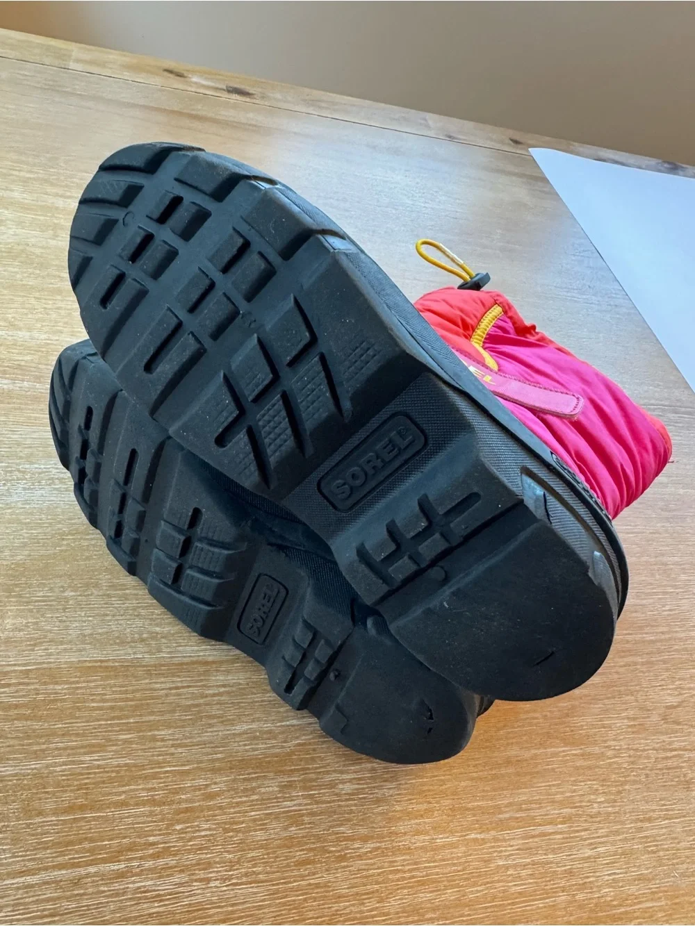 Sorel Pink and Red Kids Winter Boots with Yellow Trim